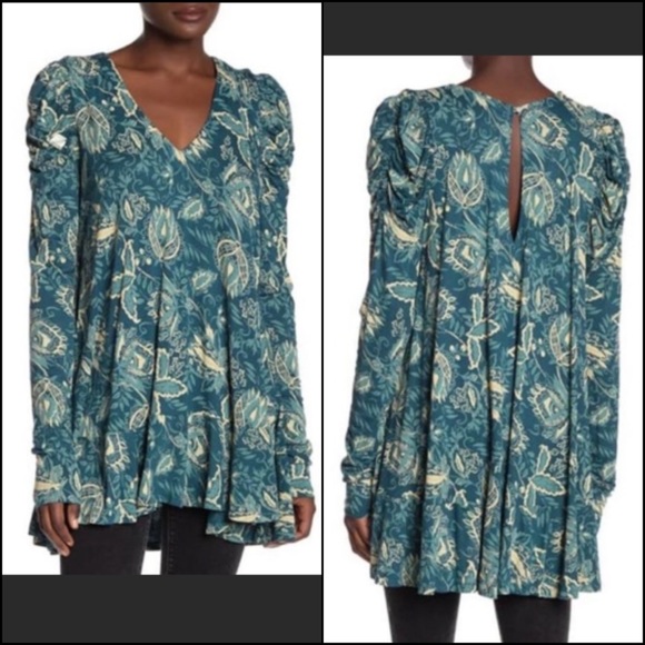Free People Ruched Puff Sleeve Turquoise Floral Print Tunic Blouse Top Dress - Picture 2 of 12